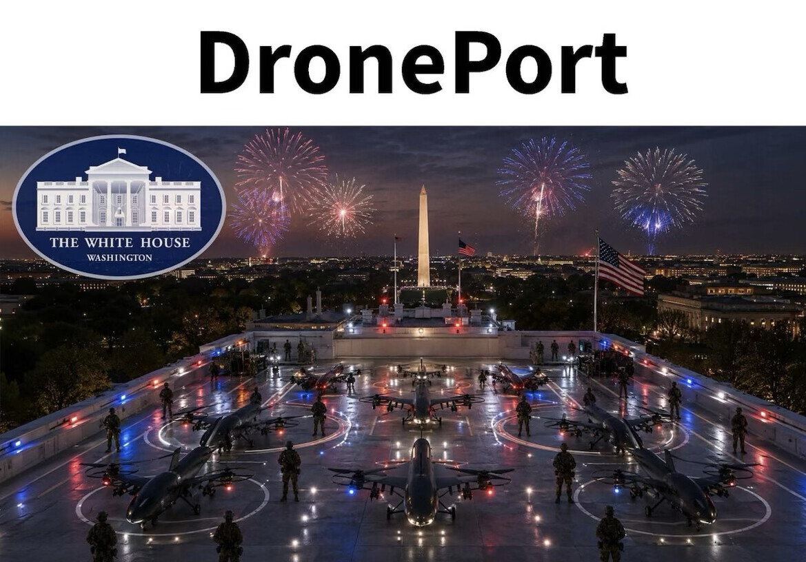 President Donald J. Trump posted a graphic depicting a stylized "DronePort" facility at the White House on Truth Social on 08/08/2026.