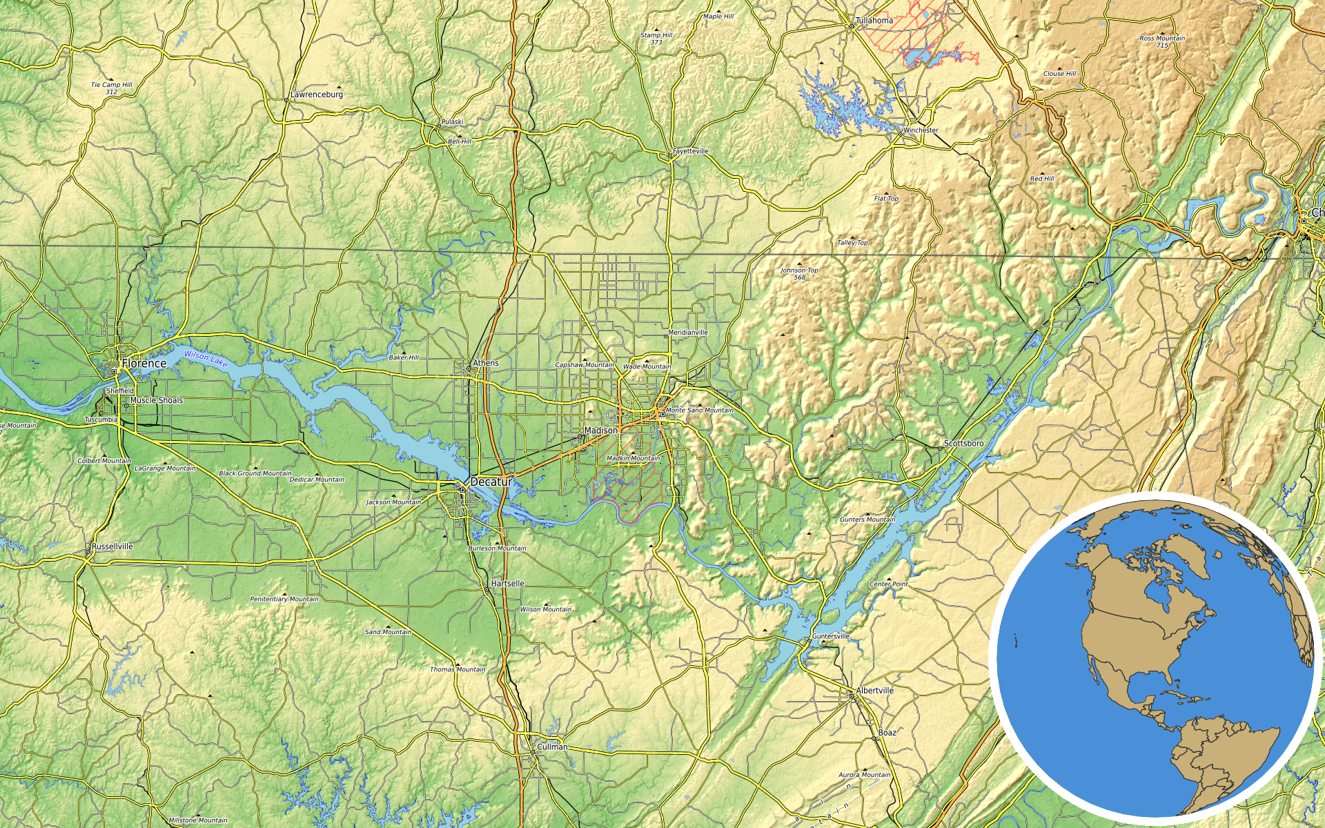 OpenTopoMap / Natural Earth - Huntsville, Alabama