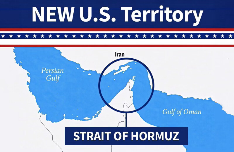 President Donald J. Trump posted a map labeling the Strait of Hormuz region as "New U.S.