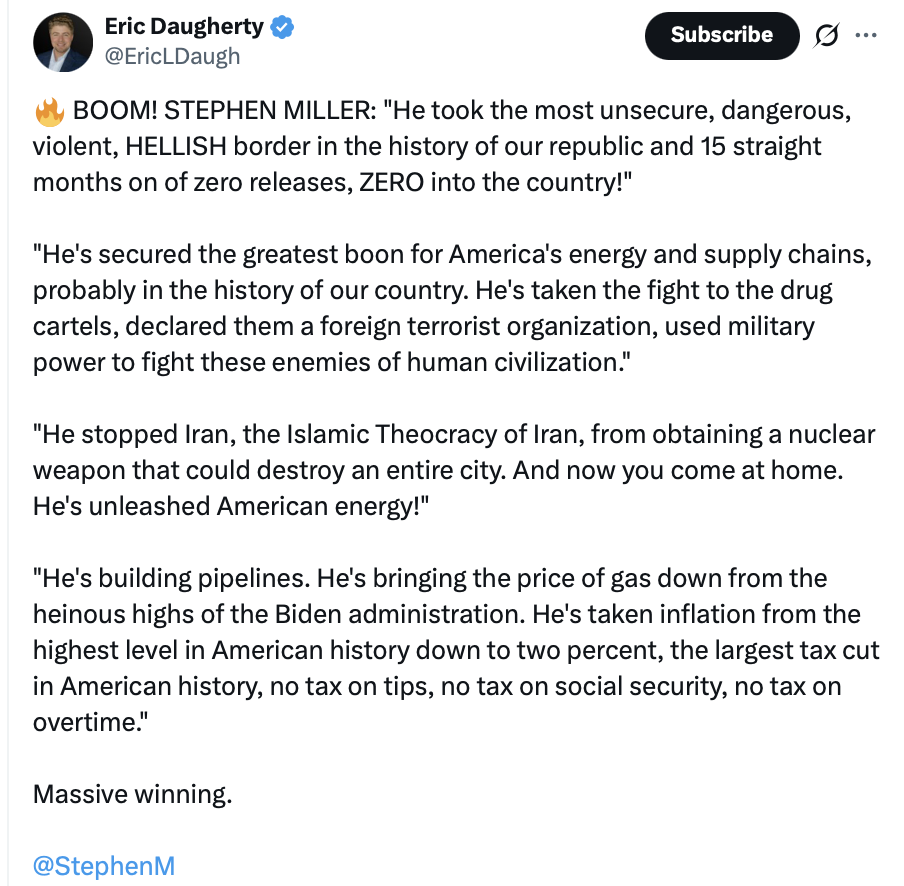 President Donald J. Trump posted a screenshot depicting a social media message from Eric Daugherty quoting Stephen Miller on Truth Social at WASHINGTON D.C.