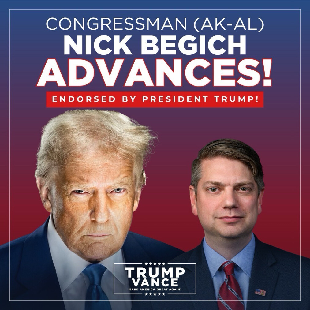 A campaign graphic displaying text and images of President Donald J. Trump and Nick Begich is posted on Truth Social on 08/19/2026.