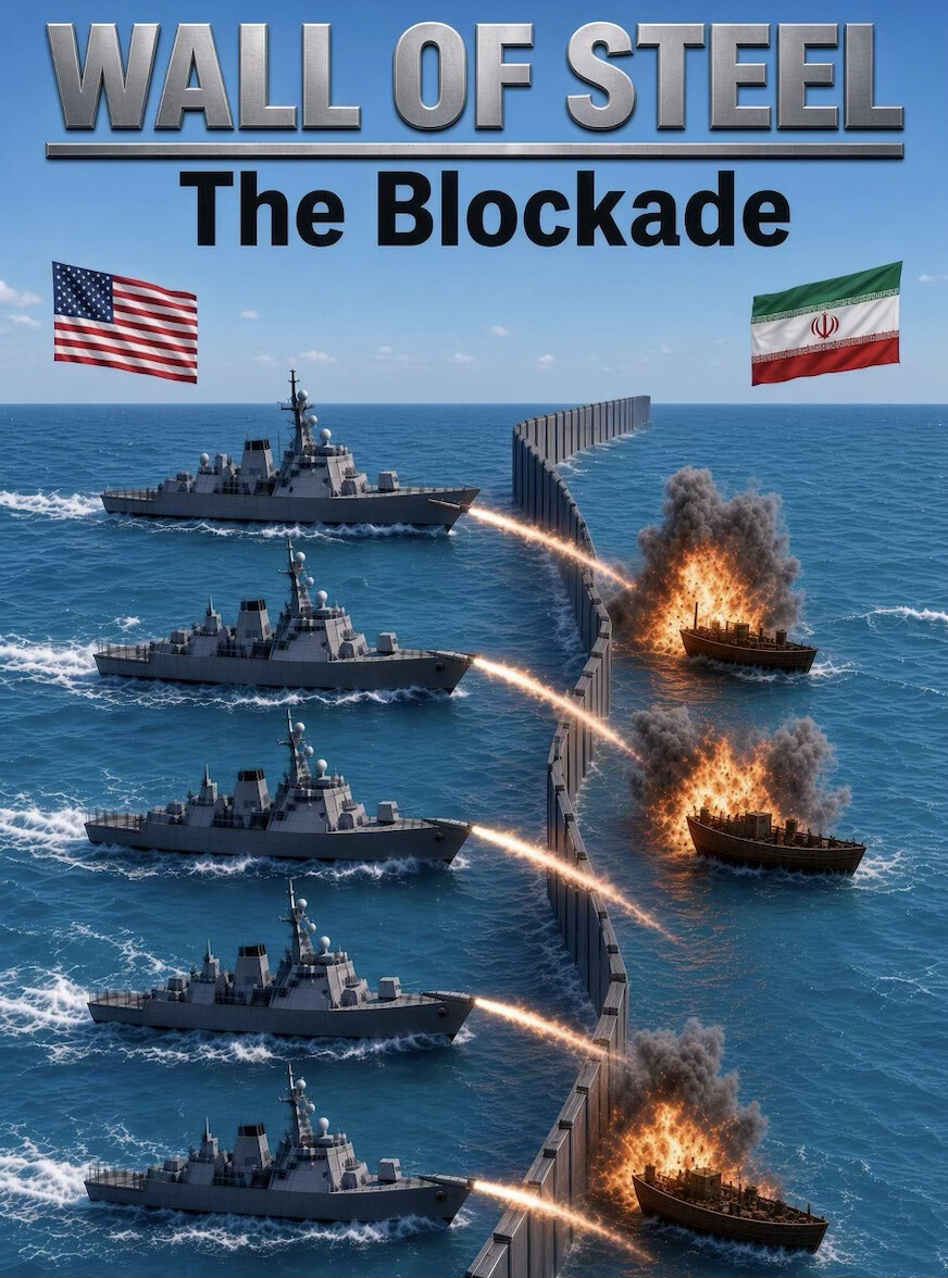 President Donald J. Trump posted a graphic titled 'WALL OF STEEL' depicting a naval blockade online on 08/14/2026.