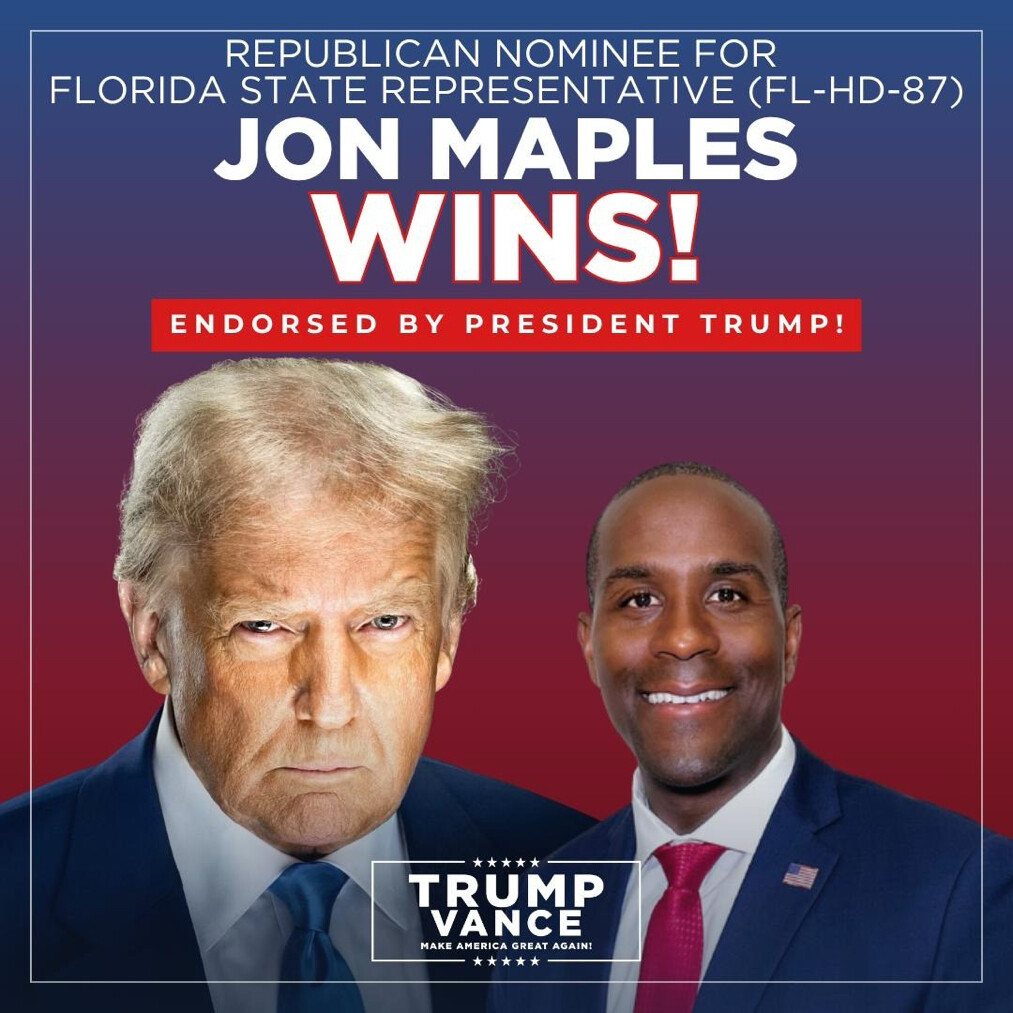 A graphic with a red and blue gradient background and the Trump-Vance logo displays text announcing Jon Maples' victory at WASHINGTON D.C. on 08/18/2026.