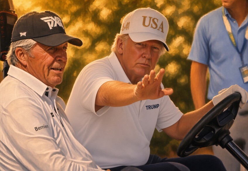 President Donald J. Trump sits with golf champion Gary Player at Trump National Golf Club in Bedminster, New Jersey, on 08/09/2026.
