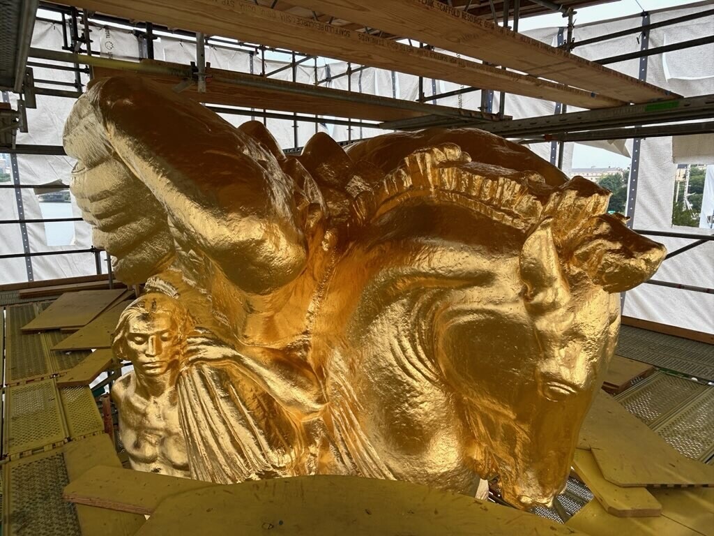 A gilded sculpture undergoes restoration work at Washington D.C. on 08/27/2026.