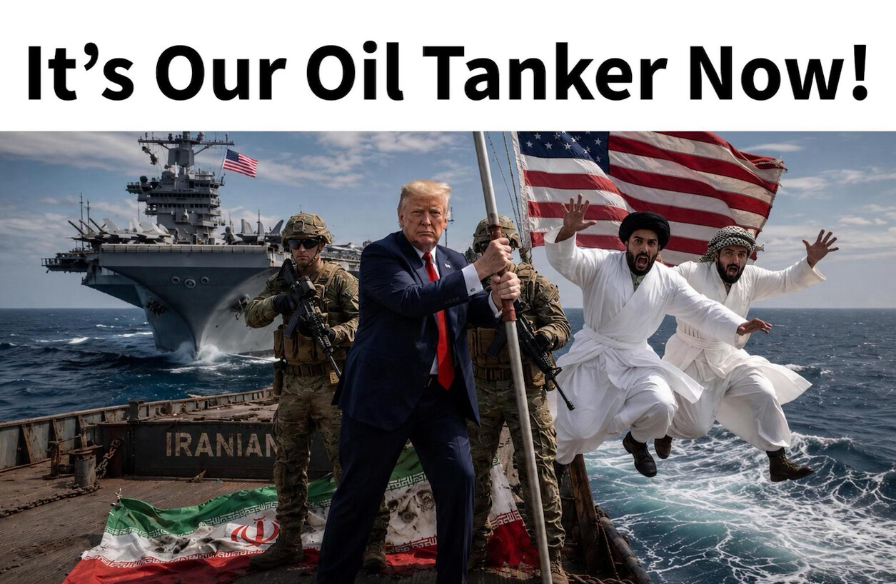 An artificial intelligence-generated image posted by President Donald J. Trump shows a figure resembling Trump gripping a flagpole on a vessel marked 'IRANIAN' at sea on 08/14/2026.