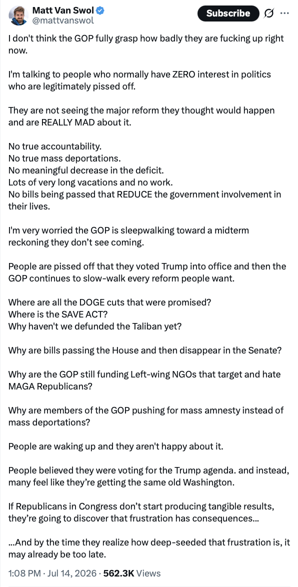 A social media post by conservative commentator Matt Van Swol is displayed at Washington D.C. on 08/26/2026.