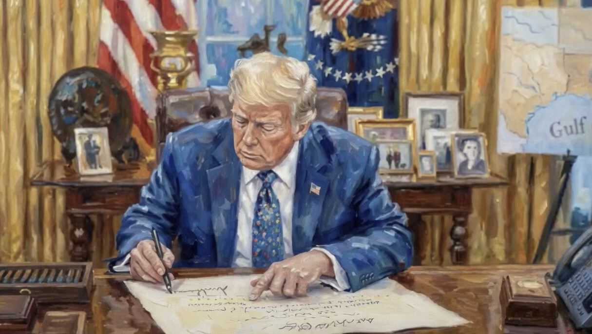 President Donald J. Trump posted an image on Truth Social on 08/14/2026, depicting a figure signing a document with an American flag and a map labeled 'Gulf'.