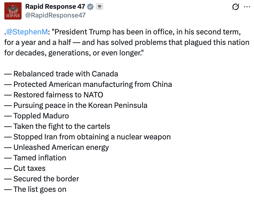 President Donald J. Trump shared a red and white graphic from the Rapid Response 47 account on Truth Social at WASHINGTON D.C.