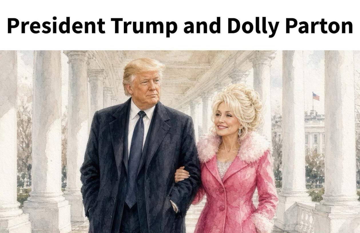 President Donald J. Trump posted an illustration depicting himself with Dolly Parton at Washington D.C.