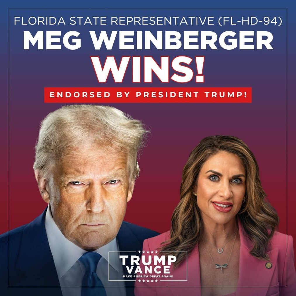 A promotional graphic featuring former President Donald J. Trump and Meg Weinberger is displayed on Truth Social on 08/18/2026.