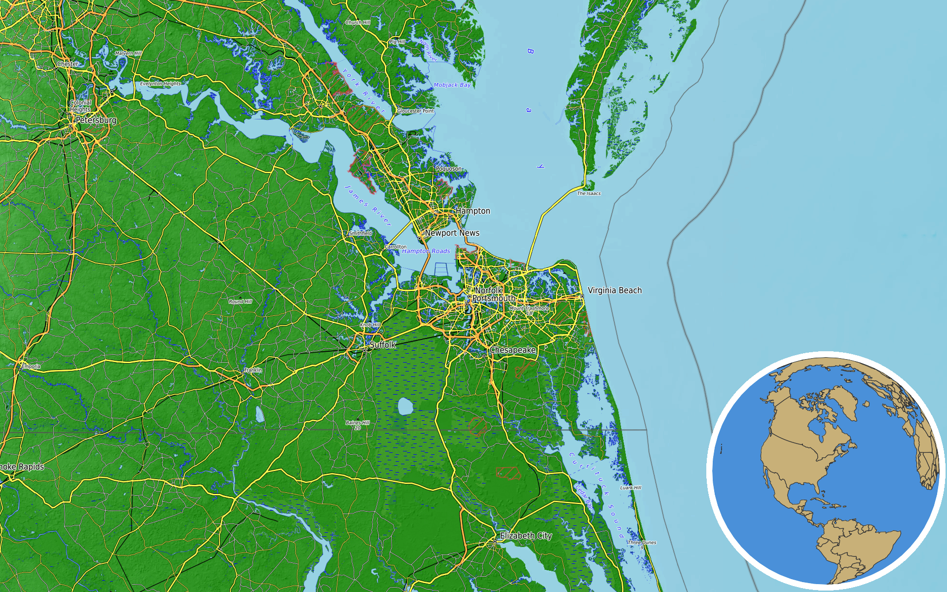 OpenTopoMap / Natural Earth - Norfolk, Virginia
