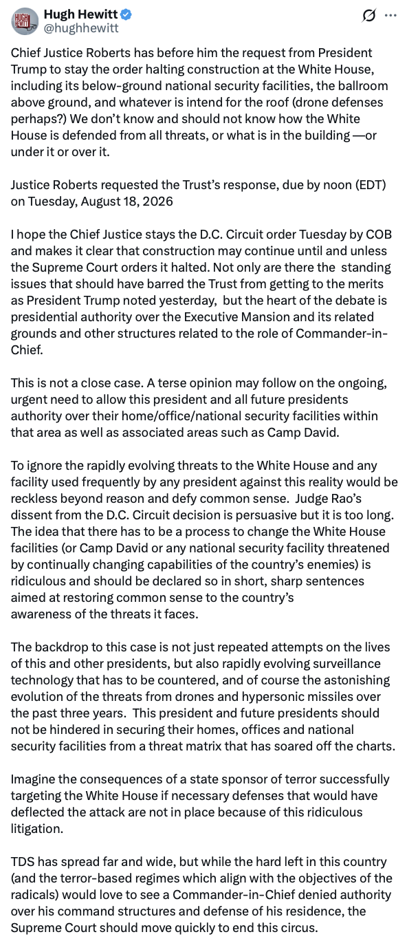 President Donald J. Trump shared a social media post by Hugh Hewitt at WASHINGTON D.C.