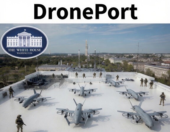 A digitally created image labeled “DronePort” depicts a flat rooftop platform holding several composite aircraft and armed figures atop the White House on 08/07/2026. Former President Donald J.