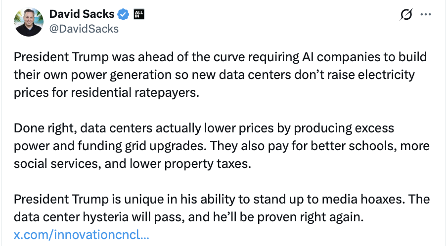 A social media post by Co-chair of the President's Council of Advisors on Science and Technology David Sacks is pictured at Washington D.C. on 08/25/2026.