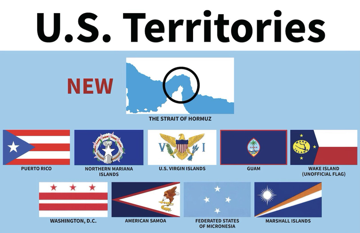A graphic titled "U.S. Territories" displays a map of the Strait of Hormuz marked "NEW" alongside a list of U.S.