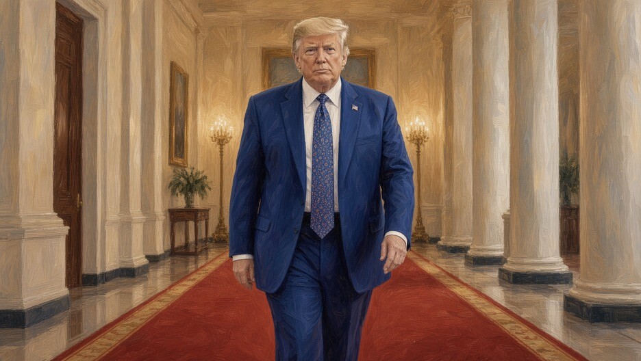 President Donald J. Trump posted an illustration of a man resembling him walking a red carpet at Washington D.C.