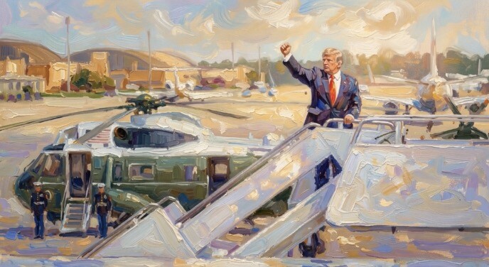 President Donald J. Trump raises a clenched fist at an airfield on 08/14/2026.