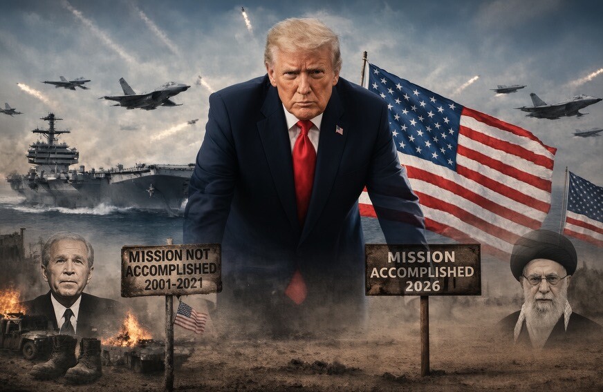 President Donald J. Trump posted a composite image depicting himself at the center of a scene with two contrasting "Mission Accomplished" signs on Truth Social on 08/26/2026.