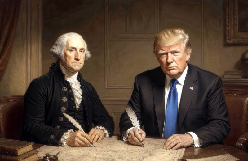 President Donald J. Trump is depicted holding a quill pen in a composite image posted to Truth Social at Washington D.C.