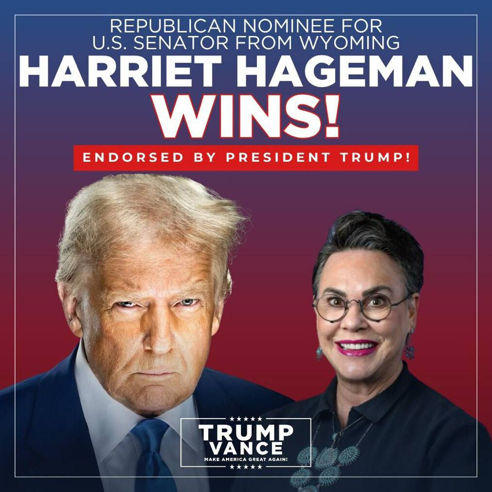 A promotional graphic shows two figures, one resembling Donald J. Trump and the other Harriet Hageman, on Truth Social on 08/18/2026.