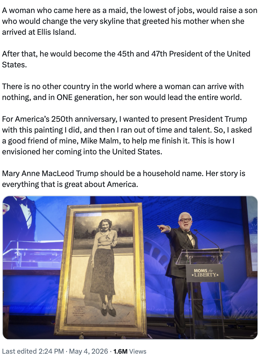 Mary Anne MacLeod Trump is depicted in a painting shared on Truth Social at Washington D.C. on 08/21/2026.