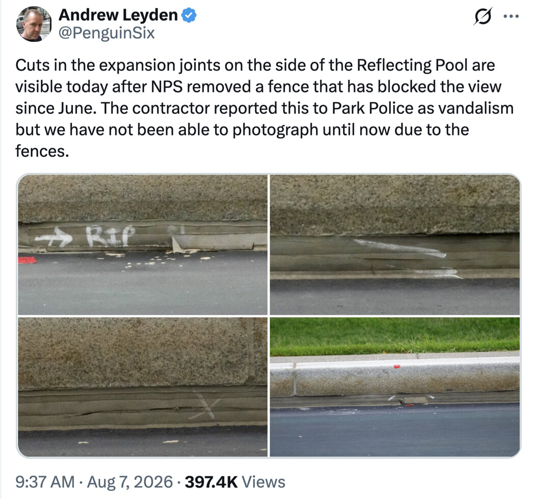 Close-up views of expansion joints in the stone and pavement are marked with white spray paint and small marker flags at the Lincoln Memorial Reflecting Pool in Washington D.C. on 08/07/2026.