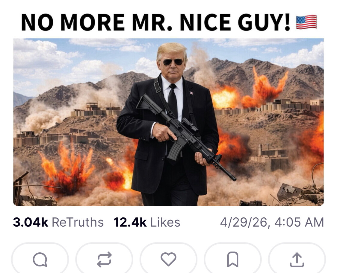 President Donald J. Trump is depicted walking with a rifle through a digitally altered combat scene on 08/28/2026.