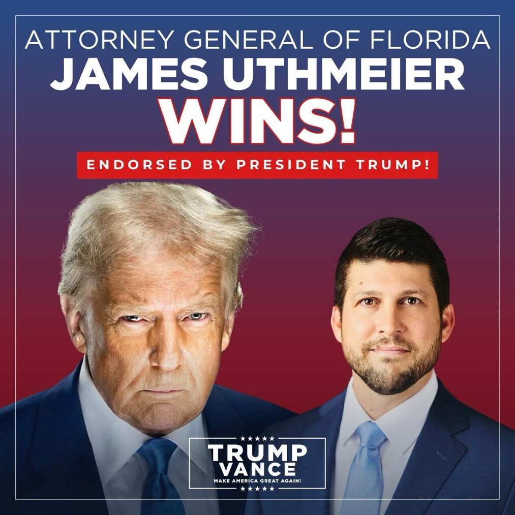 President Donald J. Trump posts a campaign graphic featuring himself and Florida Attorney General James Uthmeier at WASHINGTON D.C.