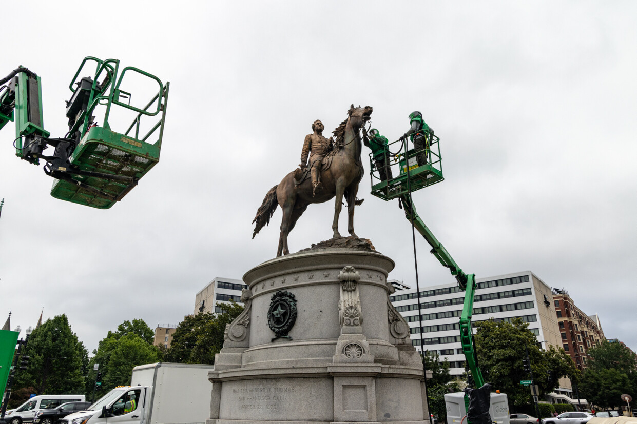 The Union General George H. Thomas statue is being cleaned at Thomas Circle in Washington D.C.