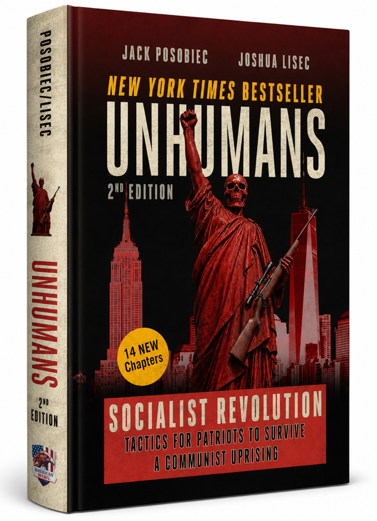 A rendering of the book "Unhumans: Socialist Revolution – Tactics for Patriots to Survive a Communist Uprising" by Jack Posobiec and Joshua Lisec is displayed at WASHINGTON D.C. on 09/01/2026.