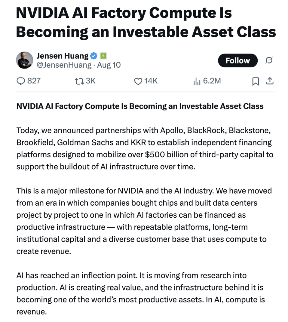 A social media post by entrepreneur Jensen Huang discusses AI factory compute as an investable asset class at WASHINGTON D.C. on 09/01/2026.